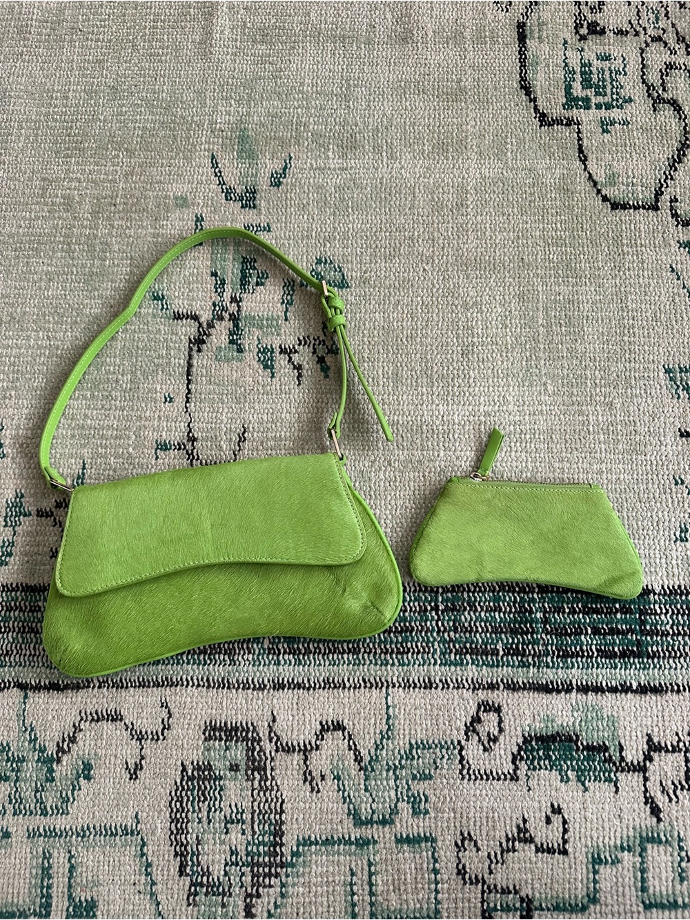 Mango Lime Green Leather and Pony Hair Mini Shoulder Bag & Matching Coin Pouch